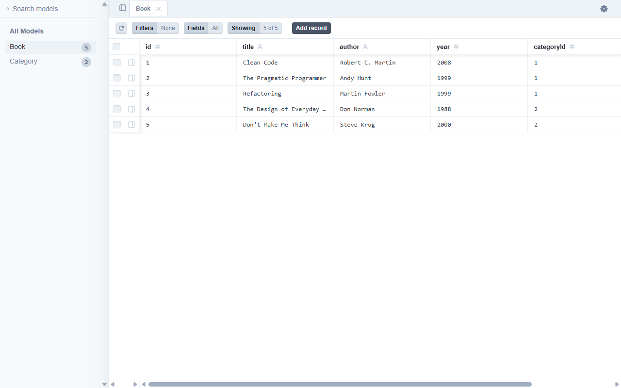 Prisma Studio แสดงตาราง Book แบบตารางคล้าย Excel